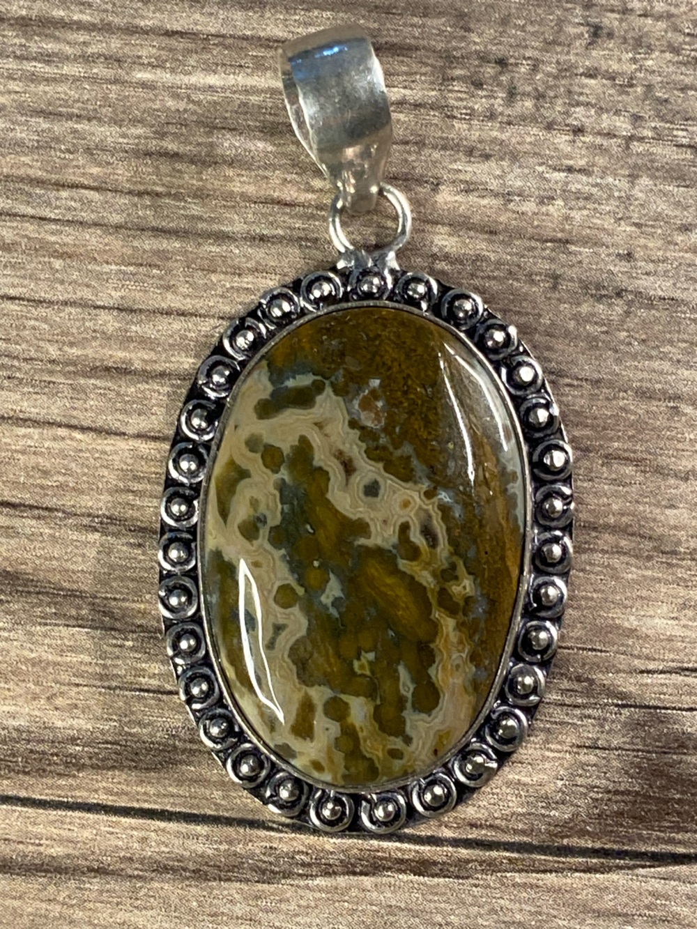 Olive Green Ocean Jasper Pendant in Sterling-Style Bezel